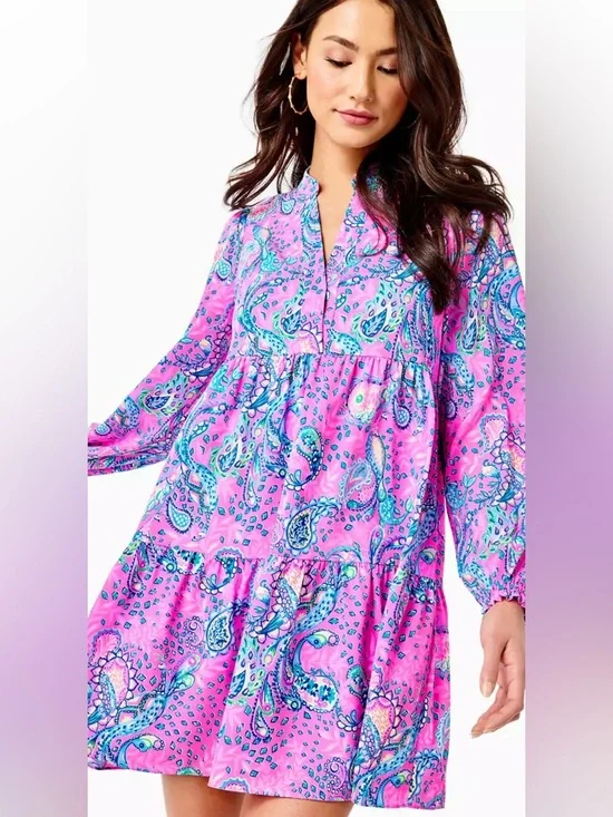 Lilly Pulitzer  large plumeria Pink strut your stuff winona long sleeve dress. - Picture 5 of 11